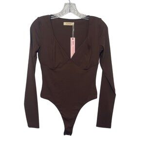 Qinsen Bodysuit Womens Medium Chocolate Brown Long Sleeve New